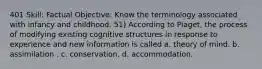 401 Skill: Factual Objective: Know the terminology associated with infancy and childhood. 51) According to Piaget, the process of modifying existing cognitive structures in response to experience and new information is called a. theory of mind. b. assimilation . c. conservation. d. accommodation.