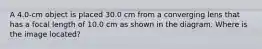 A 4.0-cm object is placed 30.0 cm from a converging lens that has a focal length of 10.0 cm as shown in the diagram. Where is the image located?