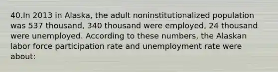 40.In 2013 in Alaska, the adult noninstitutionalized population was 537 thousand, 340 thousand were employed, 24 thousand were unemployed. According to these numbers, the Alaskan labor force participation rate and unemployment rate were about: