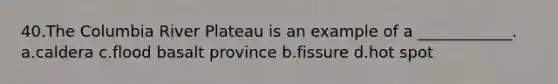 40.The Columbia River Plateau is an example of a ____________. a.caldera c.flood basalt province b.fissure d.hot spot