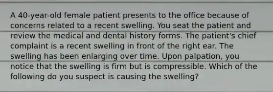 A 40-year-old female patient presents to the office because of concerns related to a recent swelling. You seat the patient and review the medical and dental history forms. The patient's chief complaint is a recent swelling in front of the right ear. The swelling has been enlarging over time. Upon palpation, you notice that the swelling is firm but is compressible. Which of the following do you suspect is causing the swelling?