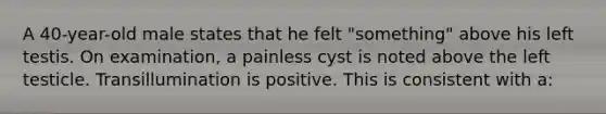 A 40-year-old male states that he felt "something" above his left testis. On examination, a painless cyst is noted above the left testicle. Transillumination is positive. This is consistent with a: