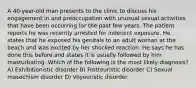 A 40-year-old man presents to the clinic to discuss his engagement in and preoccupation with unusual sexual activities that have been occurring for the past few years. The patient reports he was recently arrested for indecent exposure. He states that he exposed his genitals to an adult woman at the beach and was excited by her shocked reaction. He says he has done this before and states it is usually followed by him masturbating. Which of the following is the most likely diagnosis? A) Exhibitionistic disorder B) Frotteuristic disorder C) Sexual masochism disorder D) Voyeuristic disorder