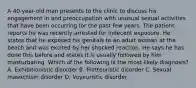 A 40-year-old man presents to the clinic to discuss his engagement in and preoccupation with unusual sexual activities that have been occurring for the past few years. The patient reports he was recently arrested for indecent exposure. He states that he exposed his genitals to an adult woman at the beach and was excited by her shocked reaction. He says he has done this before and states it is usually followed by him masturbating. Which of the following is the most likely diagnosis? A. Exhibitionistic disorder B. Frotteuristic disorder C. Sexual masochism disorder D. Voyeuristic disorder