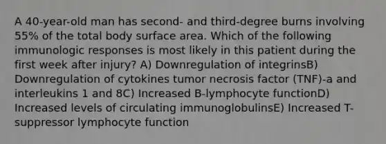 A 40-year-old man has second- and third-degree burns involving 55% of the total body surface area. Which of the following immunologic responses is most likely in this patient during the first week after injury? A) Downregulation of integrinsB) Downregulation of cytokines tumor necrosis factor (TNF)-a and interleukins 1 and 8C) Increased B-lymphocyte functionD) Increased levels of circulating immunoglobulinsE) Increased T-suppressor lymphocyte function