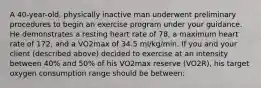 A 40-year-old, physically inactive man underwent preliminary procedures to begin an exercise program under your guidance. He demonstrates a resting heart rate of 78, a maximum heart rate of 172, and a VO2max of 34.5 ml/kg/min. If you and your client (described above) decided to exercise at an intensity between 40% and 50% of his VO2max reserve (VO2R), his target oxygen consumption range should be between: