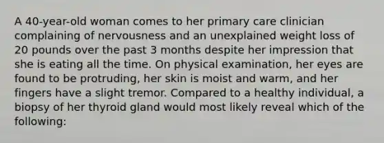 A 40-year-old woman comes to her primary care clinician complaining of nervousness and an unexplained weight loss of 20 pounds over the past 3 months despite her impression that she is eating all the time. On physical examination, her eyes are found to be protruding, her skin is moist and warm, and her fingers have a slight tremor. Compared to a healthy individual, a biopsy of her thyroid gland would most likely reveal which of the following: