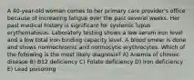 A 40-year-old woman comes to her primary care provider's office because of increasing fatigue over the past several weeks. Her past medical history is significant for systemic lupus erythematosus. Laboratory testing shows a low serum iron level and a low total iron binding capacity level. A blood smear is done and shows normochromic and normocytic erythrocytes. Which of the following is the most likely diagnosis? A) Anemia of chronic disease B) B12 deficiency C) Folate deficiency D) Iron deficiency E) Lead poisoning