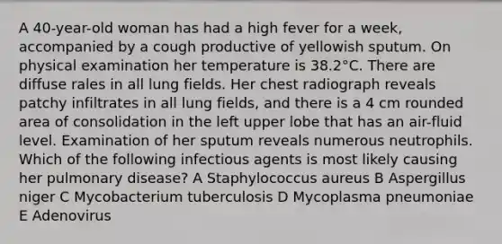 A 40-year-old woman has had a high fever for a week, accompanied by a cough productive of yellowish sputum. On physical examination her temperature is 38.2°C. There are diffuse rales in all lung fields. Her chest radiograph reveals patchy infiltrates in all lung fields, and there is a 4 cm rounded area of consolidation in the left upper lobe that has an air-fluid level. Examination of her sputum reveals numerous neutrophils. Which of the following infectious agents is most likely causing her pulmonary disease? A Staphylococcus aureus B Aspergillus niger C Mycobacterium tuberculosis D Mycoplasma pneumoniae E Adenovirus