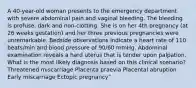 A 40-year-old woman presents to the emergency department with severe abdominal pain and vaginal bleeding. The bleeding is profuse, dark and non-clotting. She is on her 4th pregnancy (at 26 weeks gestation) and her three previous pregnancies were unremarkable. Bedside observations indicate a heart rate of 110 beats/min and blood pressure of 90/60 mmHg. Abdominal examination reveals a hard uterus that is tender upon palpation. What is the most likely diagnosis based on this clinical scenario? Threatened miscarriage Placenta praevia Placental abruption Early miscarriage Ectopic pregnancy"