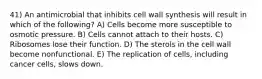 41) An antimicrobial that inhibits cell wall synthesis will result in which of the following? A) Cells become more susceptible to osmotic pressure. B) Cells cannot attach to their hosts. C) Ribosomes lose their function. D) The sterols in the cell wall become nonfunctional. E) The replication of cells, including cancer cells, slows down.