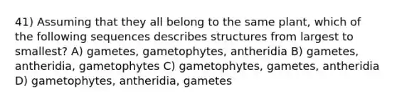 41) Assuming that they all belong to the same plant, which of the following sequences describes structures from largest to smallest? A) gametes, gametophytes, antheridia B) gametes, antheridia, gametophytes C) gametophytes, gametes, antheridia D) gametophytes, antheridia, gametes