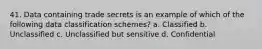 41. Data containing trade secrets is an example of which of the following data classification schemes? a. Classified b. Unclassified c. Unclassified but sensitive d. Confidential