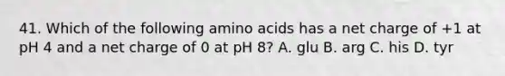 41. Which of the following <a href='https://www.questionai.com/knowledge/k9gb720LCl-amino-acids' class='anchor-knowledge'>amino acids</a> has a net charge of +1 at pH 4 and a net charge of 0 at pH 8? A. glu B. arg C. his D. tyr