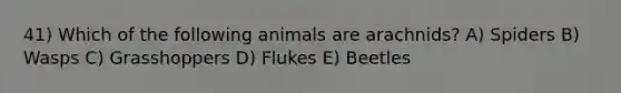 41) Which of the following animals are arachnids? A) Spiders B) Wasps C) Grasshoppers D) Flukes E) Beetles