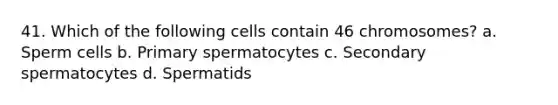 41. Which of the following cells contain 46 chromosomes? a. Sperm cells b. Primary spermatocytes c. Secondary spermatocytes d. Spermatids