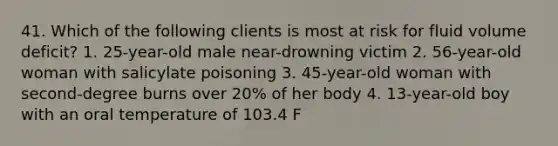 41. Which of the following clients is most at risk for fluid volume deficit? 1. 25-year-old male near-drowning victim 2. 56-year-old woman with salicylate poisoning 3. 45-year-old woman with second-degree burns over 20% of her body 4. 13-year-old boy with an oral temperature of 103.4 F