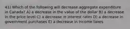 41) Which of the following will decrease aggregate expenditure in Canada? A) a decrease in the value of the dollar B) a decrease in the price level C) a decrease in interest rates D) a decrease in government purchases E) a decrease in income taxes