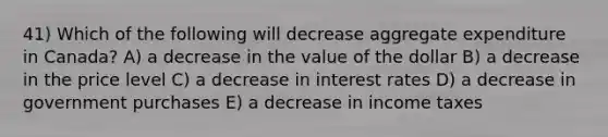 41) Which of the following will decrease aggregate expenditure in Canada? A) a decrease in the value of the dollar B) a decrease in the price level C) a decrease in interest rates D) a decrease in government purchases E) a decrease in income taxes