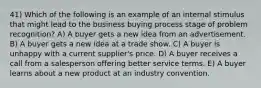 41) Which of the following is an example of an internal stimulus that might lead to the business buying process stage of problem recognition? A) A buyer gets a new idea from an advertisement. B) A buyer gets a new idea at a trade show. C) A buyer is unhappy with a current supplier's price. D) A buyer receives a call from a salesperson offering better service terms. E) A buyer learns about a new product at an industry convention.