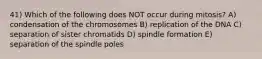 41) Which of the following does NOT occur during mitosis? A) condensation of the chromosomes B) replication of the DNA C) separation of sister chromatids D) spindle formation E) separation of the spindle poles