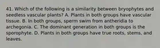 41. Which of the following is a similarity between bryophytes and seedless <a href='https://www.questionai.com/knowledge/kbaUXKuBoK-vascular-plants' class='anchor-knowledge'>vascular plants</a>? A. Plants in both groups have <a href='https://www.questionai.com/knowledge/k1HVFq17mo-vascular-tissue' class='anchor-knowledge'>vascular tissue</a>. B. In both groups, sperm swim from antheridia to archegonia. C. The dominant generation in both groups is the sporophyte. D. Plants in both groups have true roots, stems, and leaves.