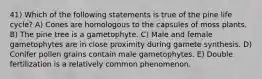 41) Which of the following statements is true of the pine life cycle? A) Cones are homologous to the capsules of moss plants. B) The pine tree is a gametophyte. C) Male and female gametophytes are in close proximity during gamete synthesis. D) Conifer pollen grains contain male gametophytes. E) Double fertilization is a relatively common phenomenon.