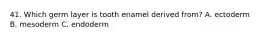 41. Which germ layer is tooth enamel derived from? A. ectoderm B. mesoderm C. endoderm