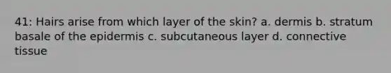 41: Hairs arise from which layer of the skin? a. dermis b. stratum basale of the epidermis c. subcutaneous layer d. connective tissue