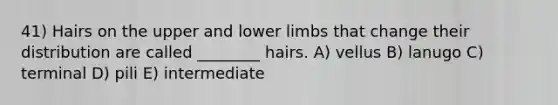 41) Hairs on the upper and lower limbs that change their distribution are called ________ hairs. A) vellus B) lanugo C) terminal D) pili E) intermediate