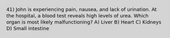 41) John is experiencing pain, nausea, and lack of urination. At the hospital, a blood test reveals high levels of urea. Which organ is most likely malfunctioning? A) Liver B) Heart C) Kidneys D) Small intestine