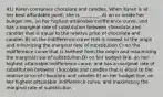 41) Karen consumes chocolate and candles. When Karen is at her best affordable point, she is ________. A) on or inside her budget line, on her highest attainable indifference curve, and has a marginal rate of substitution between chocolate and candles that is equal to the relative price of chocolate and candles B) on the indifference curve that is closest to the origin and minimizing the marginal rate of substitution C) on the indifference curve that is farthest from the origin and maximizing the marginal rate of substitution D) on her budget line, on her highest attainable indifference curve, and has a marginal rate of substitution between chocolate and candles that is equal to the relative price of chocolate and candles E) on her budget line, on her highest attainable indifference curve, and maximizing the marginal rate of substitution