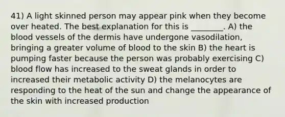 41) A light skinned person may appear pink when they become over heated. The best explanation for this is ________. A) the blood vessels of the dermis have undergone vasodilation, bringing a greater volume of blood to the skin B) the heart is pumping faster because the person was probably exercising C) blood flow has increased to the sweat glands in order to increased their metabolic activity D) the melanocytes are responding to the heat of the sun and change the appearance of the skin with increased production