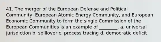 41. The merger of the European Defense and Political Community, European Atomic Energy Community, and European Economic Community to form the single Commission of the European Communities is an example of ________. a. universal jurisdiction b. spillover c. process tracing d. democratic deficit