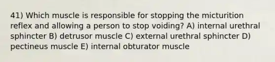 41) Which muscle is responsible for stopping the micturition reflex and allowing a person to stop voiding? A) internal urethral sphincter B) detrusor muscle C) external urethral sphincter D) pectineus muscle E) internal obturator muscle