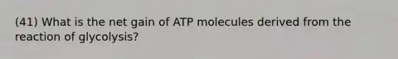 (41) What is the net gain of ATP molecules derived from the reaction of glycolysis?