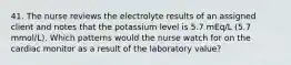 41. The nurse reviews the electrolyte results of an assigned client and notes that the potassium level is 5.7 mEq/L (5.7 mmol/L). Which patterns would the nurse watch for on the cardiac monitor as a result of the laboratory value?