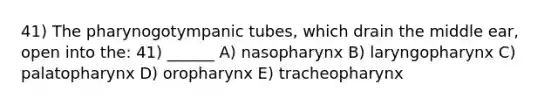 41) The pharynogotympanic tubes, which drain the middle ear, open into the: 41) ______ A) nasopharynx B) laryngopharynx C) palatopharynx D) oropharynx E) tracheopharynx