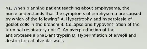 41. When planning patient teaching about emphysema, the nurse understands that the symptoms of emphysema are caused by which of the following? A. Hypertrophy and hyperplasia of goblet cells in the bronchi B. Collapse and hypoventilation of the terminal respiratory unit C. An overproduction of the antiprotease alpha1-antitrypsin D. Hyperinflation of alveoli and destruction of alveolar walls