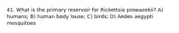 41. What is the primary reservoir for Rickettsia prowazekii? A) humans; B) human body louse; C) birds; D) Aedes aegypti mosquitoes