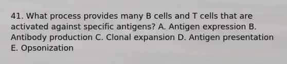 41. What process provides many B cells and T cells that are activated against specific antigens? A. Antigen expression B. Antibody production C. Clonal expansion D. Antigen presentation E. Opsonization