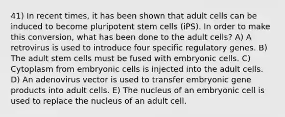 41) In recent times, it has been shown that adult cells can be induced to become pluripotent stem cells (iPS). In order to make this conversion, what has been done to the adult cells? A) A retrovirus is used to introduce four specific regulatory genes. B) The adult stem cells must be fused with embryonic cells. C) Cytoplasm from embryonic cells is injected into the adult cells. D) An adenovirus vector is used to transfer embryonic gene products into adult cells. E) The nucleus of an embryonic cell is used to replace the nucleus of an adult cell.