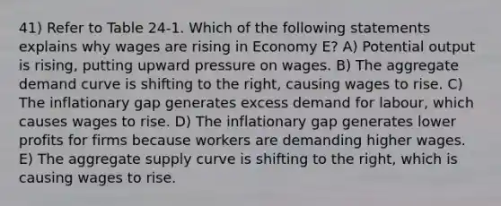 41) Refer to Table 24-1. Which of the following statements explains why wages are rising in Economy E? A) Potential output is rising, putting upward pressure on wages. B) The aggregate demand curve is shifting to the right, causing wages to rise. C) The inflationary gap generates excess demand for labour, which causes wages to rise. D) The inflationary gap generates lower profits for firms because workers are demanding higher wages. E) The aggregate supply curve is shifting to the right, which is causing wages to rise.