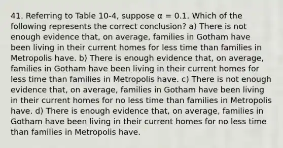 41. Referring to Table 10-4, suppose α = 0.1. Which of the following represents the correct conclusion? a) There is not enough evidence that, on average, families in Gotham have been living in their current homes for less time than families in Metropolis have. b) There is enough evidence that, on average, families in Gotham have been living in their current homes for less time than families in Metropolis have. c) There is not enough evidence that, on average, families in Gotham have been living in their current homes for no less time than families in Metropolis have. d) There is enough evidence that, on average, families in Gotham have been living in their current homes for no less time than families in Metropolis have.