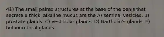 41) The small paired structures at the base of the penis that secrete a thick, alkaline mucus are the A) seminal vesicles. B) prostate glands. C) vestibular glands. D) Bartholin's glands. E) bulbourethral glands.