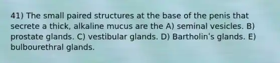 41) The small paired structures at the base of the penis that secrete a thick, alkaline mucus are the A) seminal vesicles. B) prostate glands. C) vestibular glands. D) Bartholinʹs glands. E) bulbourethral glands.