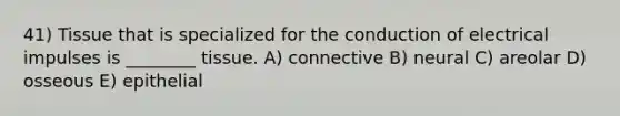 41) Tissue that is specialized for the conduction of electrical impulses is ________ tissue. A) connective B) neural C) areolar D) osseous E) epithelial
