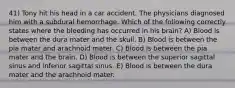 41) Tony hit his head in a car accident. The physicians diagnosed him with a subdural hemorrhage. Which of the following correctly states where the bleeding has occurred in his brain? A) Blood is between the dura mater and the skull. B) Blood is between the pia mater and arachnoid mater. C) Blood is between the pia mater and the brain. D) Blood is between the superior sagittal sinus and inferior sagittal sinus. E) Blood is between the dura mater and the arachnoid mater.