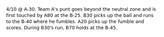 4/10 @ A-30. Team A's punt goes beyond the neutral zone and is first touched by A80 at the B-25. B30 picks up the ball and runs to the B-40 where he fumbles. A20 picks up the fumble and scores. During B30's run, B70 holds at the B-45.