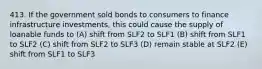 413. If the government sold bonds to consumers to finance infrastructure investments, this could cause the supply of loanable funds to (A) shift from SLF2 to SLF1 (B) shift from SLF1 to SLF2 (C) shift from SLF2 to SLF3 (D) remain stable at SLF2 (E) shift from SLF1 to SLF3